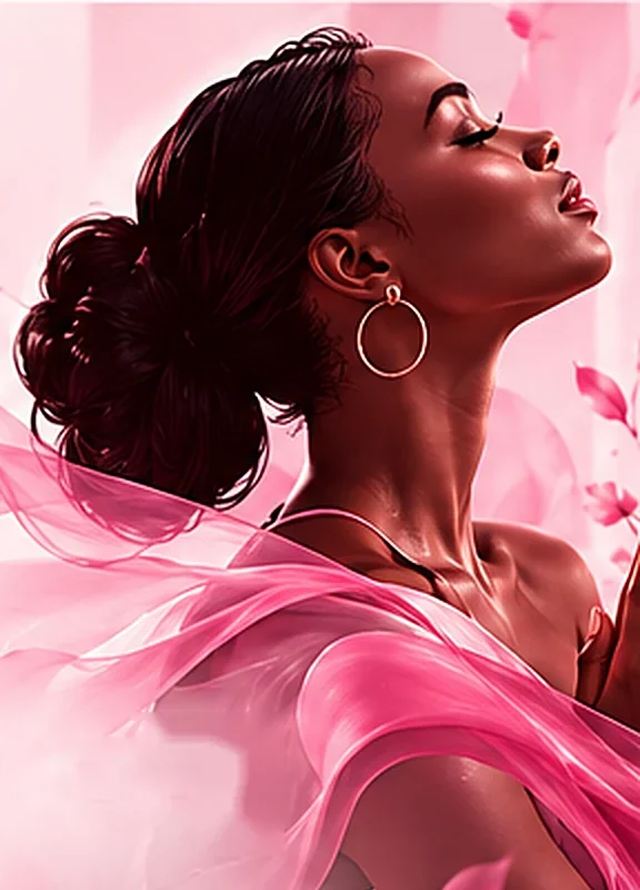 Illustration of a woman in prayer, eyes closed and face lifted, wrapped in flowing pink silk