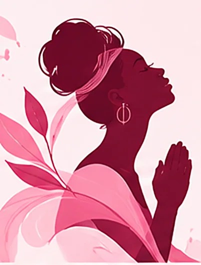 Illustration of a woman in prayer in deep rose silhouette