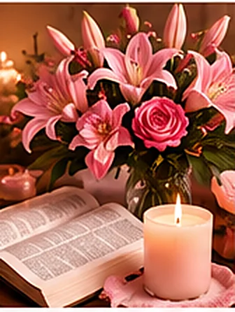 An open Bible beside pink lilies, roses and a lit candle